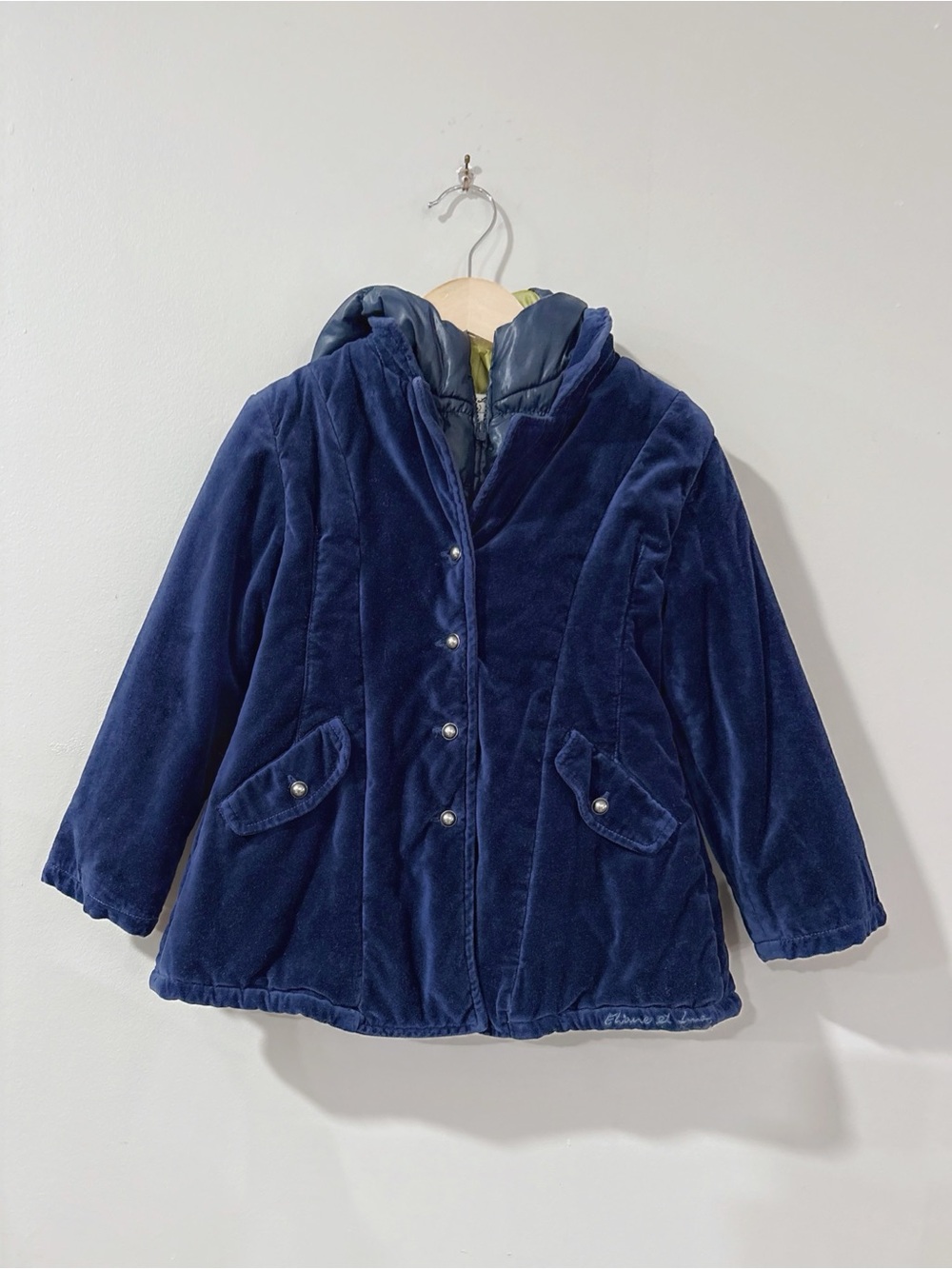 Eliane et Lena Girls Velvet Puffer Coat 2A Blue Hooded Paris Chic Jacket